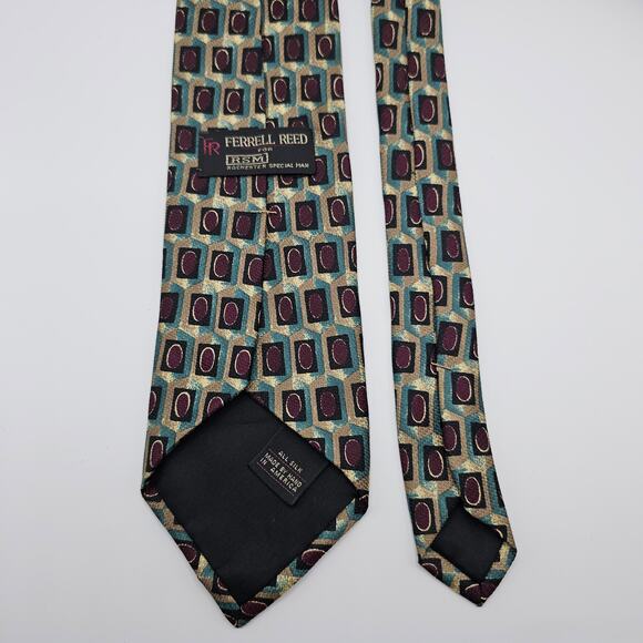 Ferrel Reed RSM USA Made Geometric Teal Burgundy Tan Silk Tie 62.5" - Picture 3 of 6